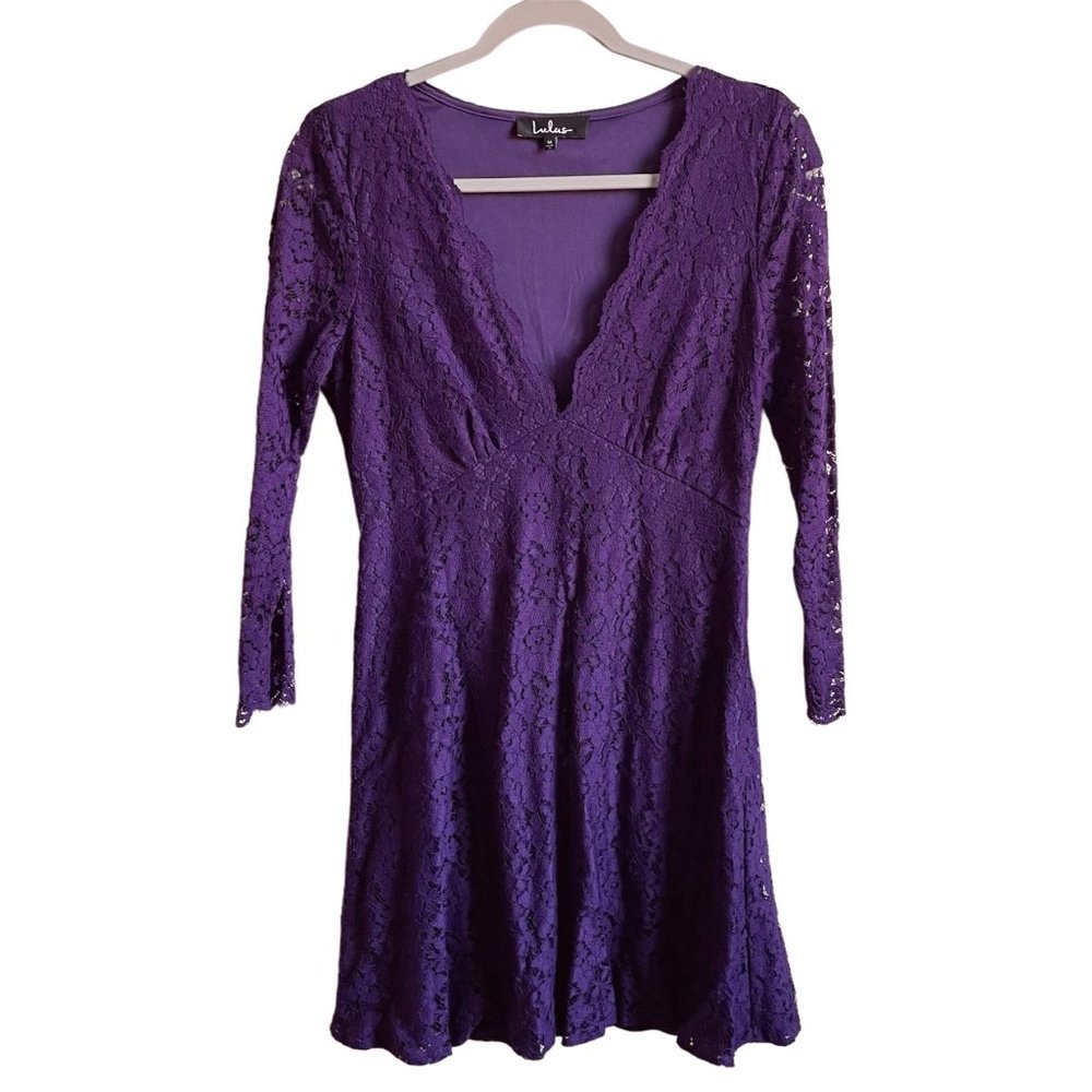 4/$25 Lulus We Will Dance Dress Purple Floral Lace Mini V Neck‎ Party Sz M